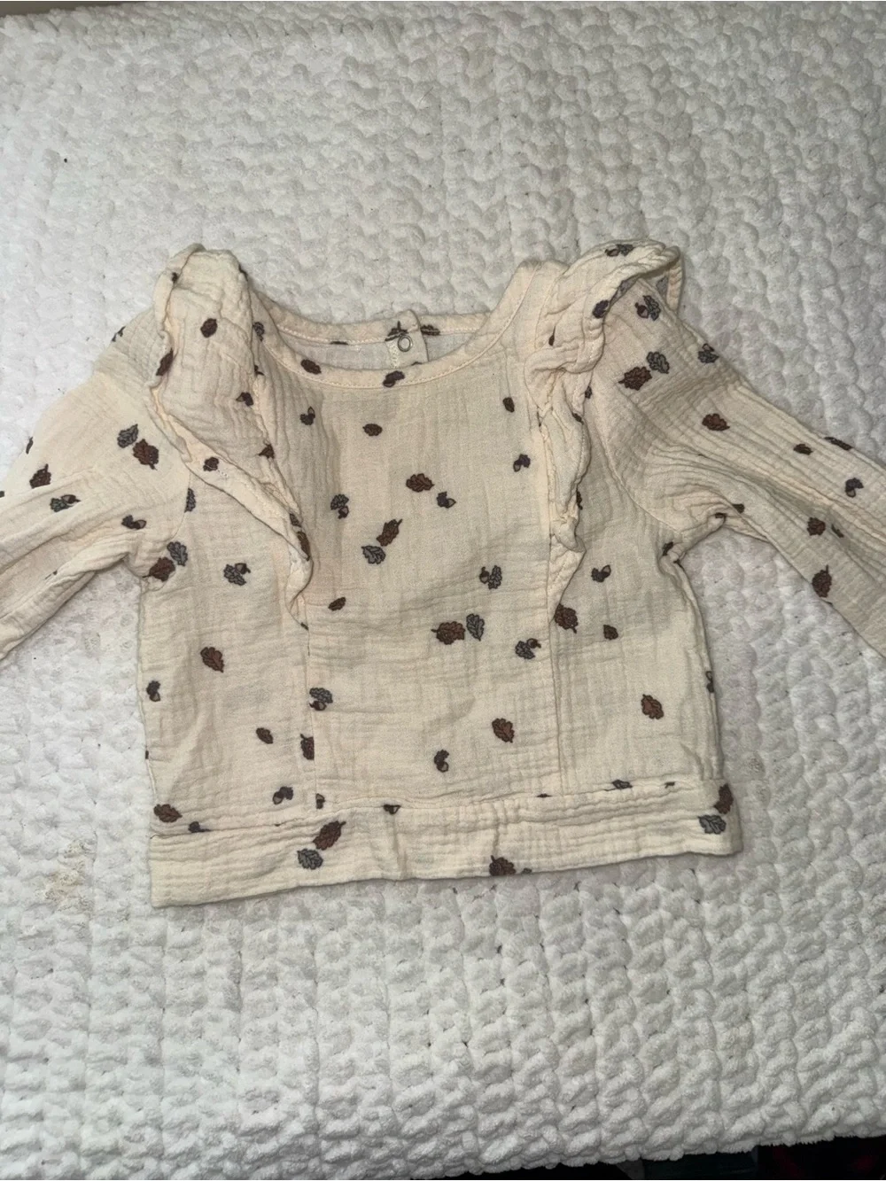 Cream Ruffle Shoulder Long-Sleeve Top with Brown Floral Dots - Kids